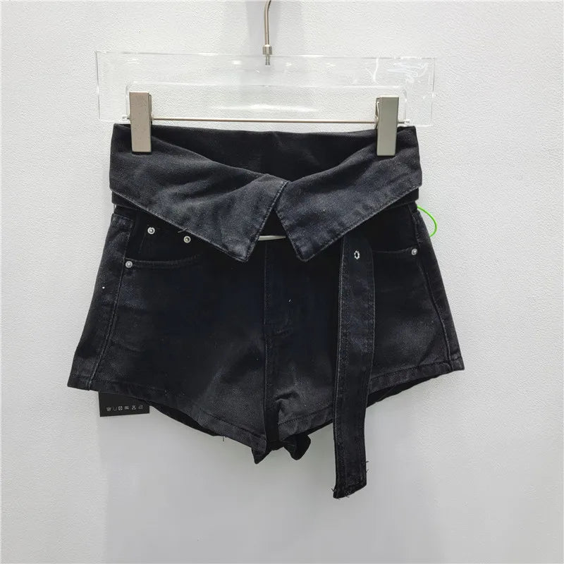 Fashionable Ruffled Waist Belt Denim Shorts for Women 2024 Pocket Loose Slim High Waist Wide Leg Hot Pants