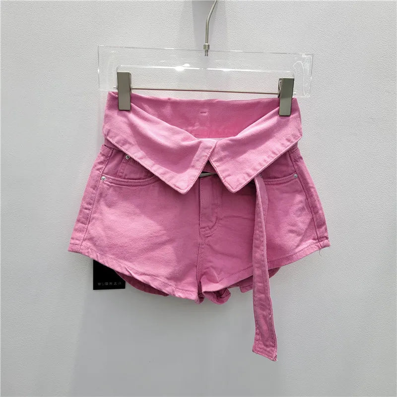 Fashionable Ruffled Waist Belt Denim Shorts for Women 2024 Pocket Loose Slim High Waist Wide Leg Hot Pants