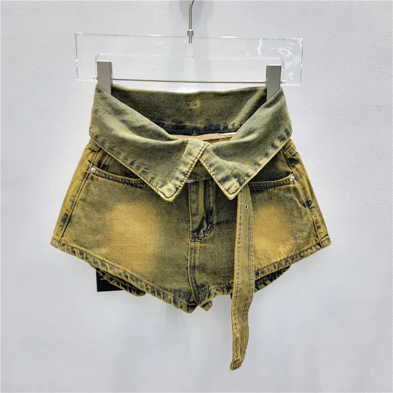 Fashionable Ruffled Waist Belt Denim Shorts for Women 2024 Pocket Loose Slim High Waist Wide Leg Hot Pants
