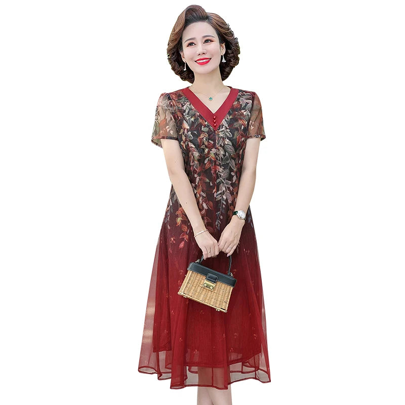 Summer Women Elegant Positioning flower Casual Thin Beach Long Party Dress V Neck Maxi Chiffon Dresses Female Vestidos
