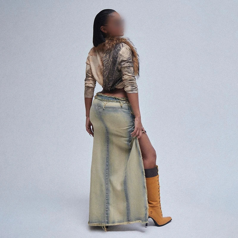 Kj10340 Spring 2024 New Women's Denim Skirt Washed Zipper Patchwork Detachable Fashion Skirt Jeans Women's Denim Clothing