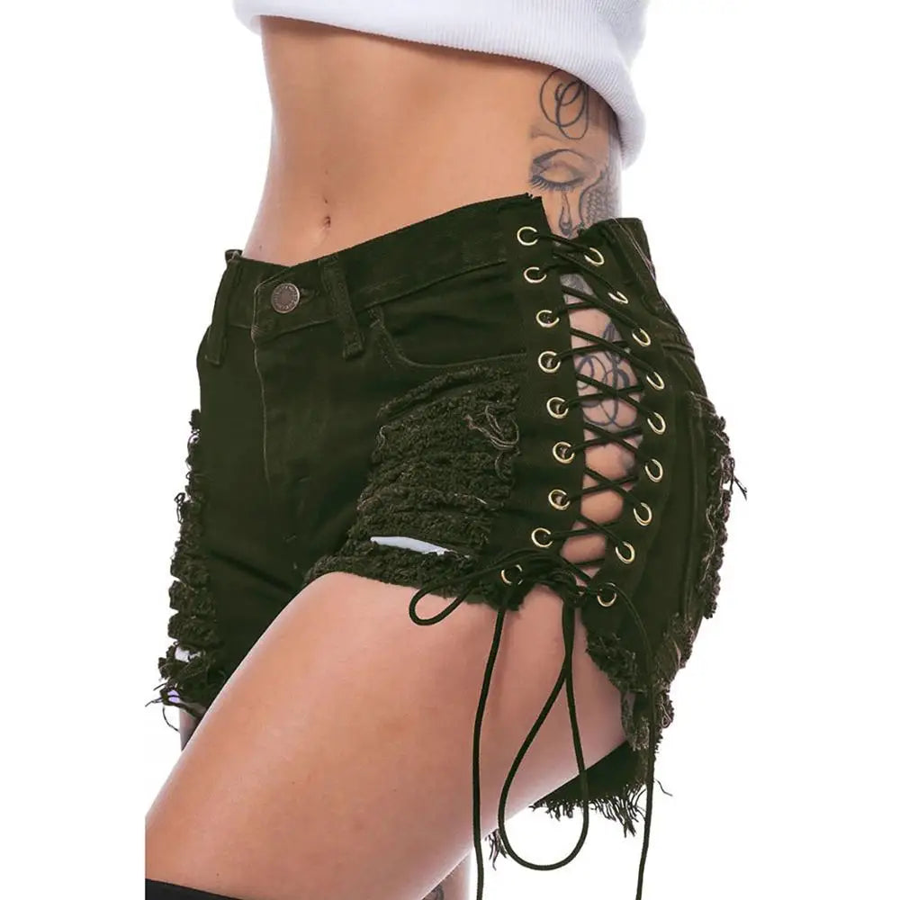 2025 New Woman Summer Ripped Side Bandage Denim Shorts Fashion Sexy Jeans Shorts Bar DJ Clothing Shorts