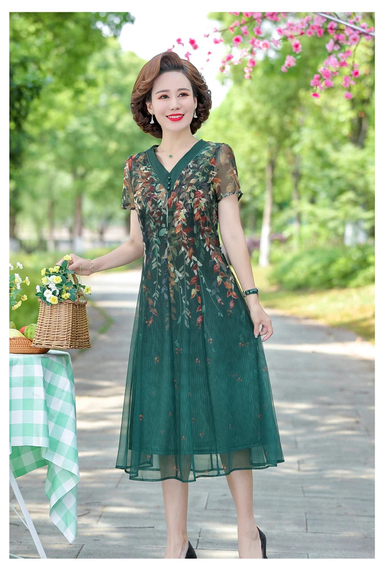 Summer Women Elegant Positioning flower Casual Thin Beach Long Party Dress V Neck Maxi Chiffon Dresses Female Vestidos