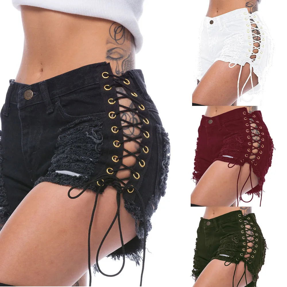 2025 New Woman Summer Ripped Side Bandage Denim Shorts Fashion Sexy Jeans Shorts Bar DJ Clothing Shorts