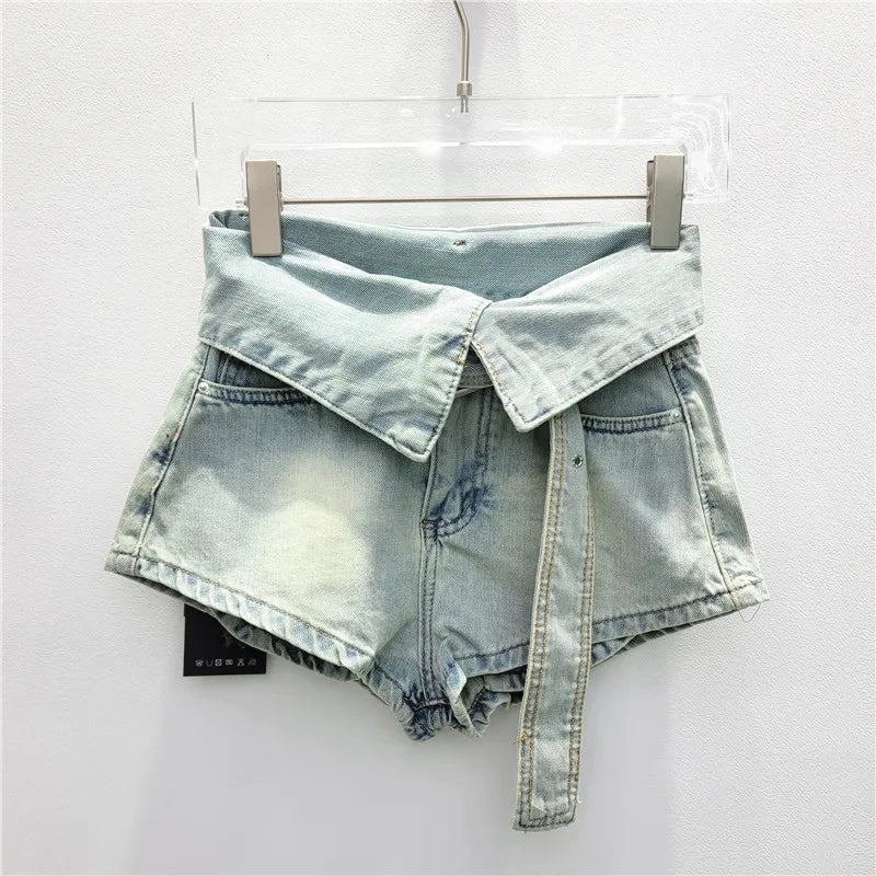 Fashionable Ruffled Waist Belt Denim Shorts for Women 2024 Pocket Loose Slim High Waist Wide Leg Hot Pants