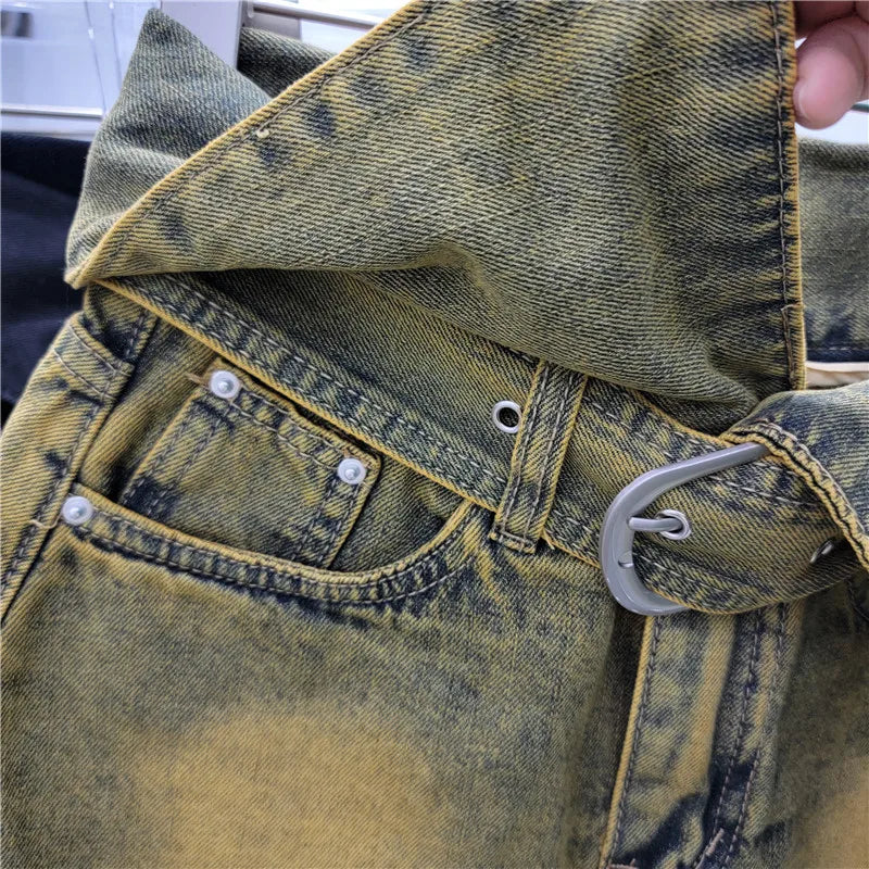 Fashionable Ruffled Waist Belt Denim Shorts for Women 2024 Pocket Loose Slim High Waist Wide Leg Hot Pants