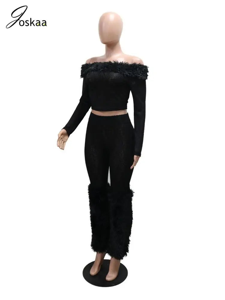 Joskaa Faux Fur Black 2Piece Sets Womens Outfits Sexy Off Shoulder Full Sleeve Crop Tops and Pants Matching 2025 Party Clubwear