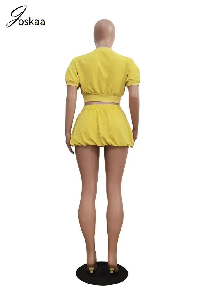 Joskaa Elegant 2 Piece Sets Women Hipster Sexy Short Sleeve Zip Crop Jackets and Lantern Skirt Matching 2025 Summer Streetwear