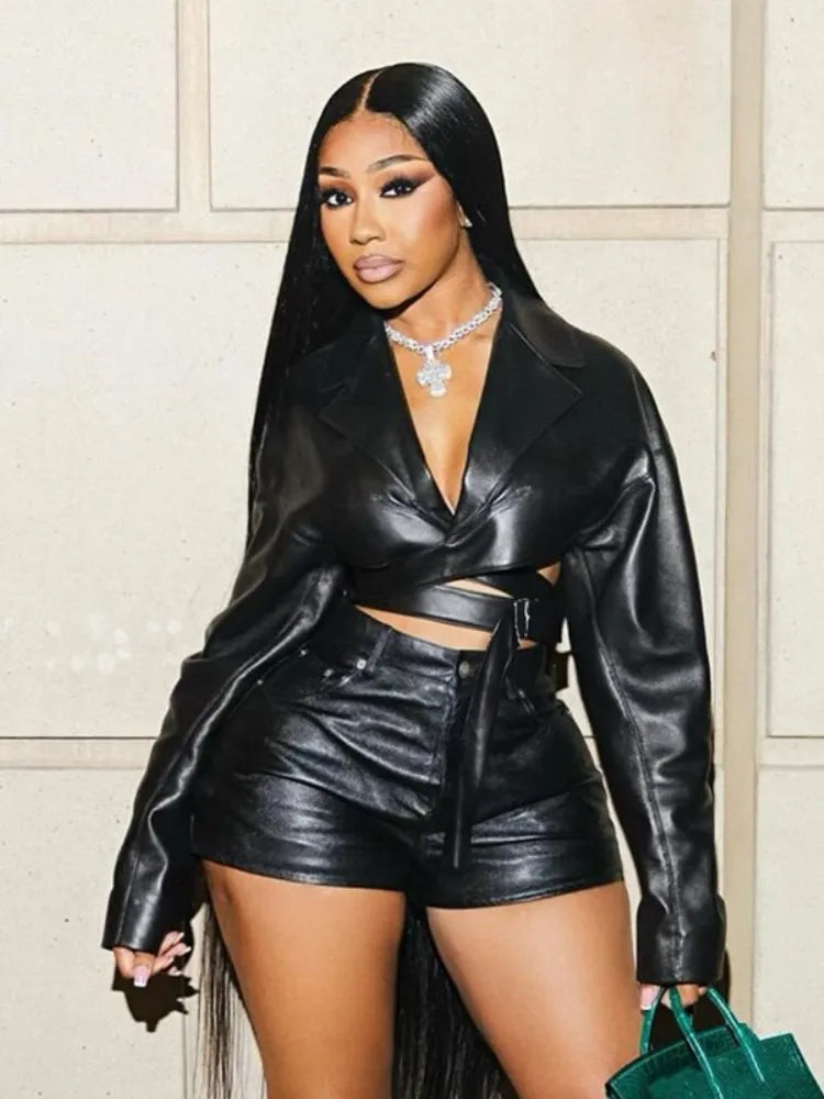 Joskaa PU Leather Black 2 Piece Set Women Hipster Sexy V-Neck Long Sleeve Crop Top and Shorts Matching Party Clubwear Streetwear