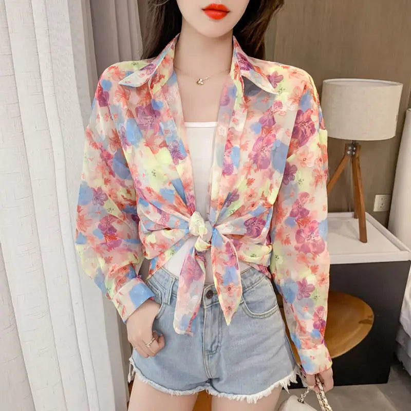 Sunscreen Clothes for Women New Summer Thin Jacket Design Niche Floral Chiffon Shirt