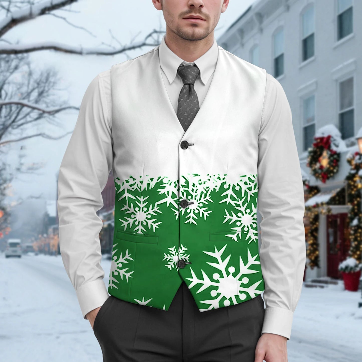 Christmas Snowflake Print Suit Vest Jacket Men'S V Neck Button Pocket Slim Suit Vest Jacket Exquisite Men'S Outerwear Coat