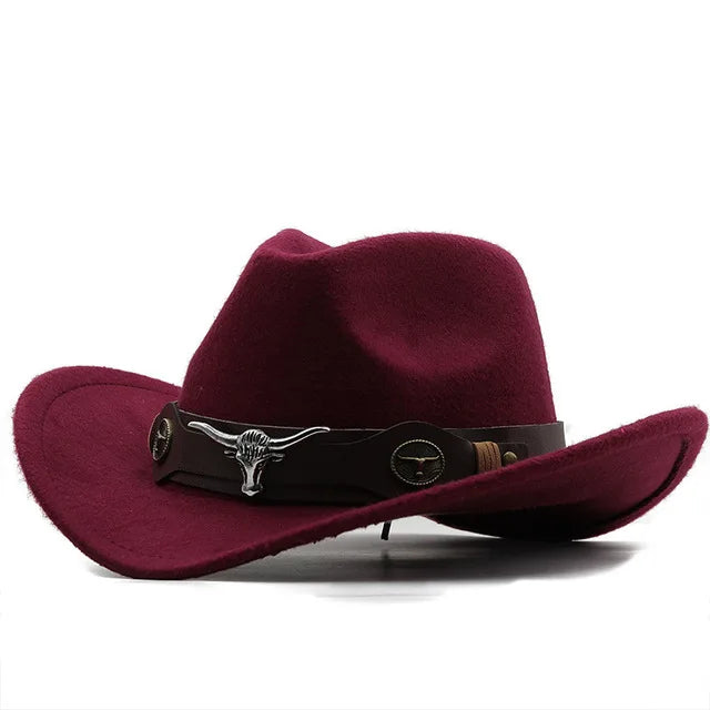 Western Cowboy Hat Roll Brim Cowgirl Cap Cowboy Jazz Fedora Hats Felt Cap with Cow Band for Women Men Children