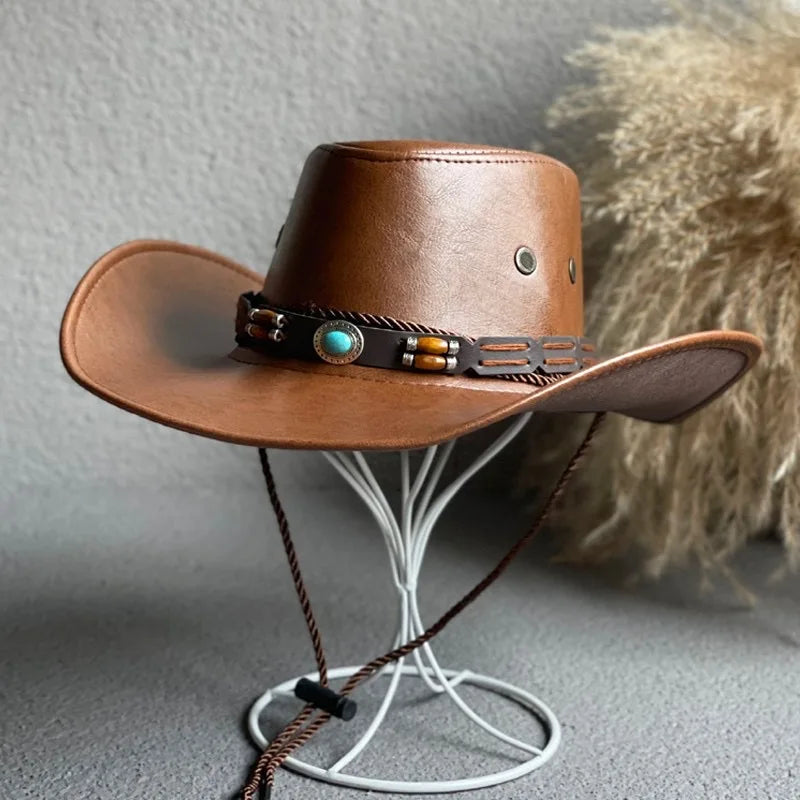 Faux Leather Western Cowboy Hats for Women Men Vintage Gentleman Dress Hats Panama Cowgirl Jazz Cap Sombrero Hombre