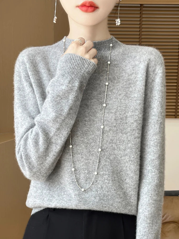 Women's Elegant Basic Style Pullover 100% Merino Wool Knitwear Autumn Winter Warm Solid Casual Loose Exquisite Clothing Tops