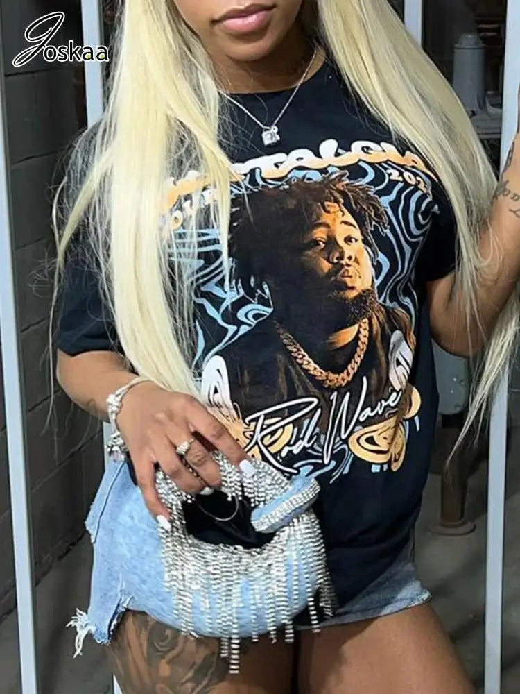 Joskaa Portrait Printing Y2K T Shirts Women Hipster O-Neck Short Sleeve Black Tops 2025 Summer Graphic Tees Harajuku Streetwear
