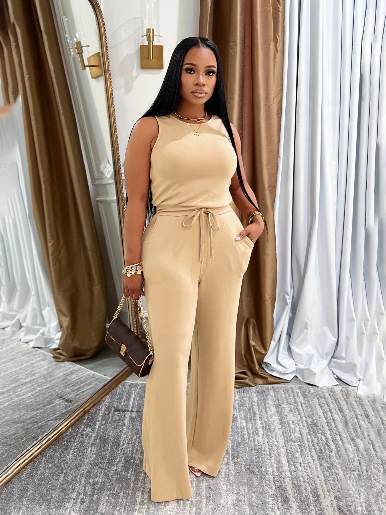 Joskaa 2025 Summer Women's Casual O-Neck Sleeveless Bandage Back Zip Bodycon Commuting Jumpsuit Holiday Vintage Streetwear S-XXL