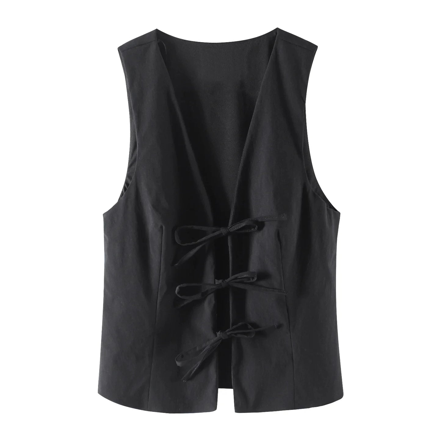 TRAFZA Women Fashion Lace Up Vest V Neck Sleeveless Top Y2k Vintage Solid 2024 Female Summer Sexy Party Tank Tops