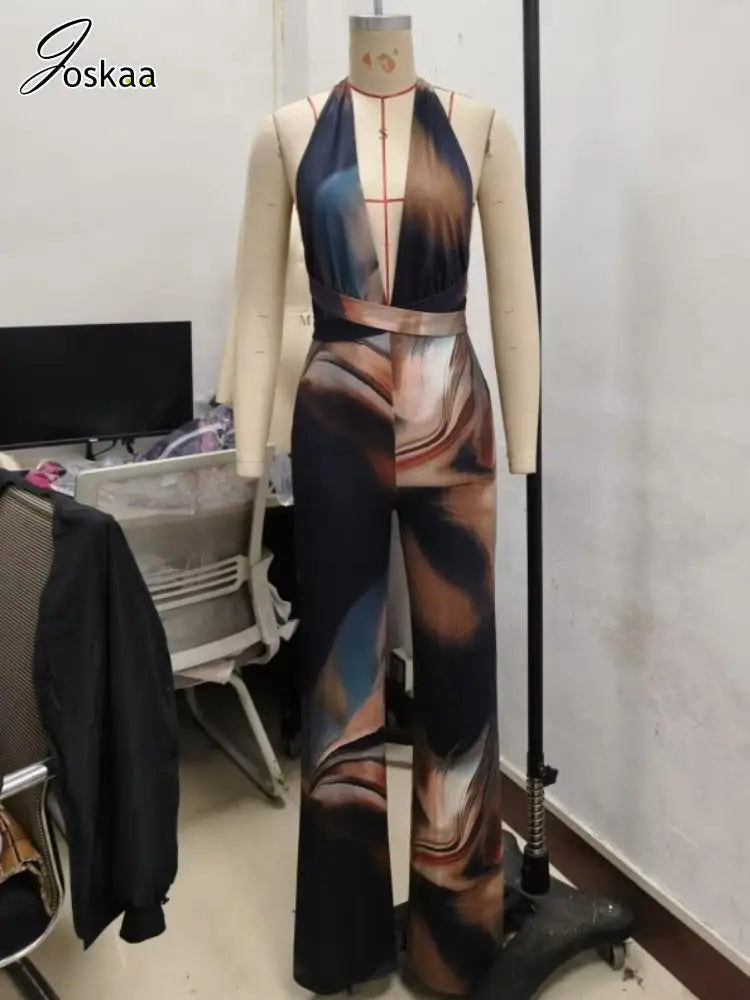 Joskaa Oil Painting Print Jumpsuit Women Sexy Deep V-Neck Backless Skinny Rompers 2025 Summer Fashion Overalls Vacation Clubwear
