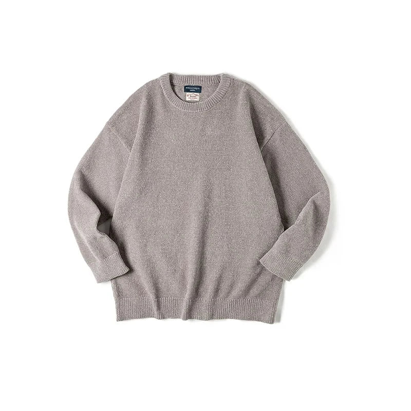 Maden Casual Chenille Round Neck Sweater for Men Warm Skin-friendly Beige Knitwear Autumn Winter Basic Solid Color Soft Sweater