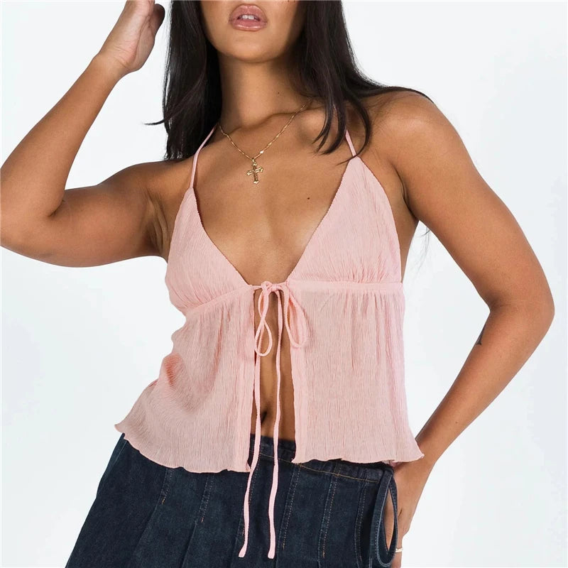 Sexy Summer Cami Top Bowknot Lace-Up Sleeveless Cropped Vest Elegant Youth Clothes Women Fashion Off Shoulder 2024 New