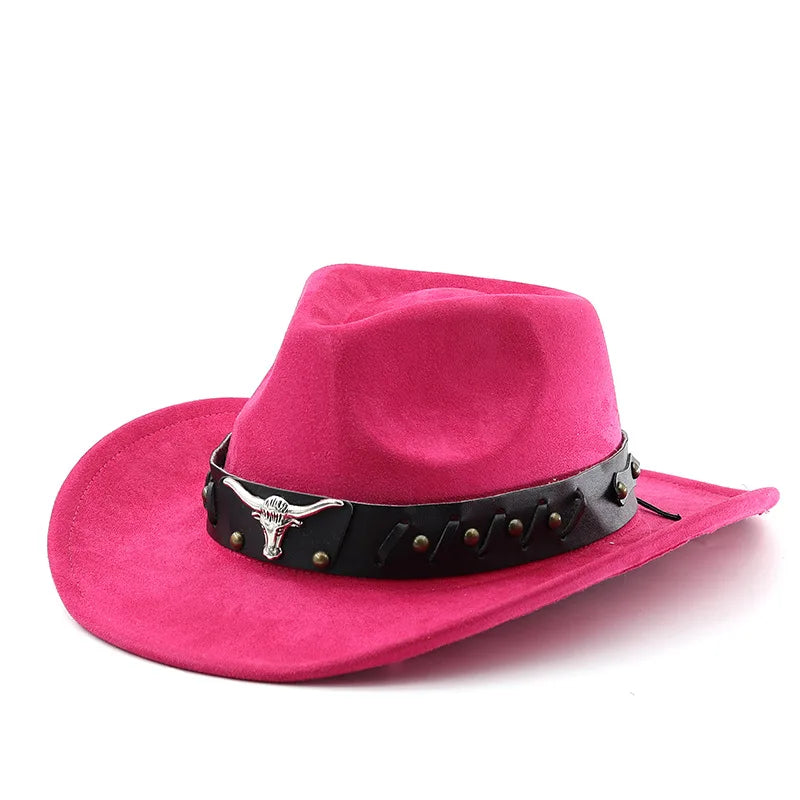 Western Cowboy Roll up Edge Large Edge Cowboy Hat Bull Head Accessories Imitation Leather Velvet Jazz Hat Riding Felt Hat