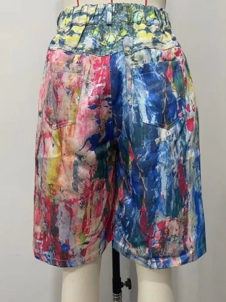 2025 Summer New Women's Pockets Graffiti Shorts Hot Casual Polyester Shorts Mid Waist Short Fashion Streetwear Short Pants