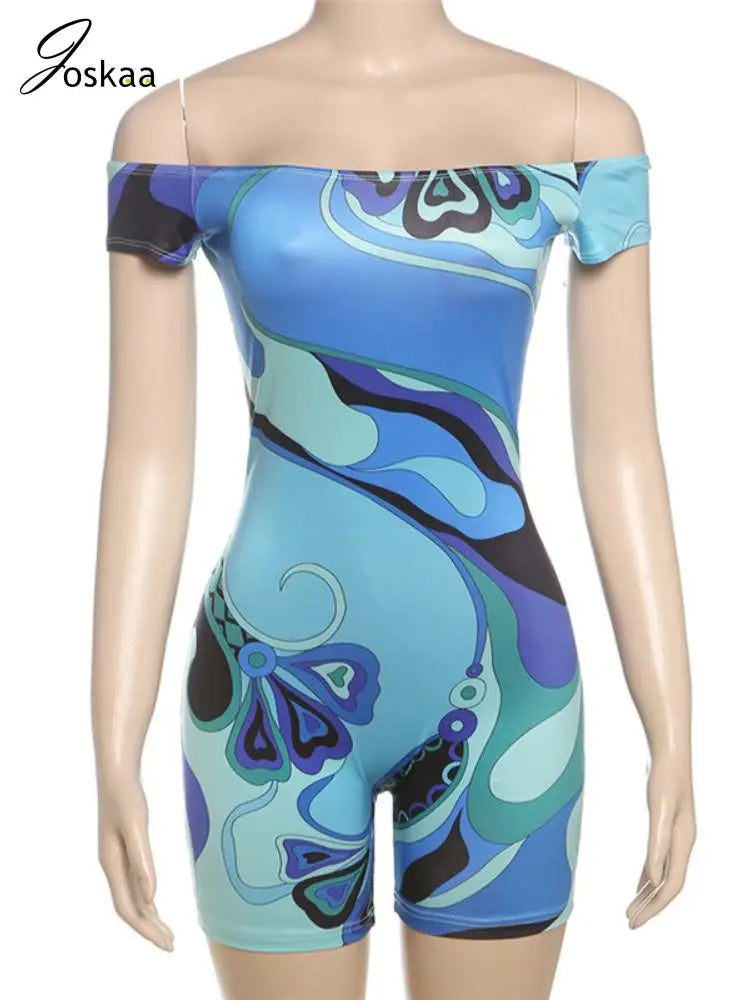 Joskaa 2025 Colorful Print Off Shoulder Short Sleeve Playsuit Women Sexy Slash Neck Stretch Skinny Workout Romper Y2K Streetwear