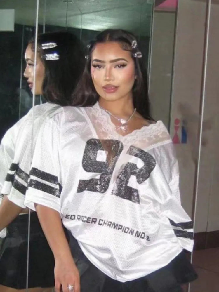 Joskaa Number Letter Print Oversized T-Shirts Women Lace Patchwork V-Neck Short Sleeve Loose Tops Graphic Tees Y2K Streetwear