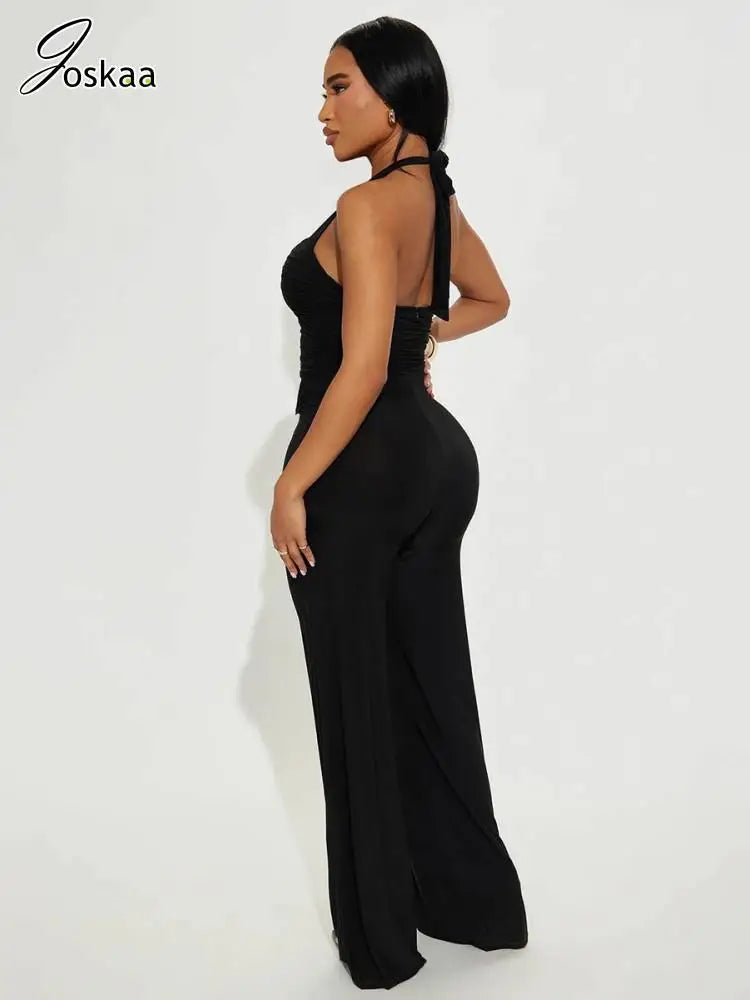 Joskaa Sexy Metal Buckle Hollow Jumpsuits Women Hipster Halter Backless Skinny Rompers 2025 Fashion Overalls Party Clubwear