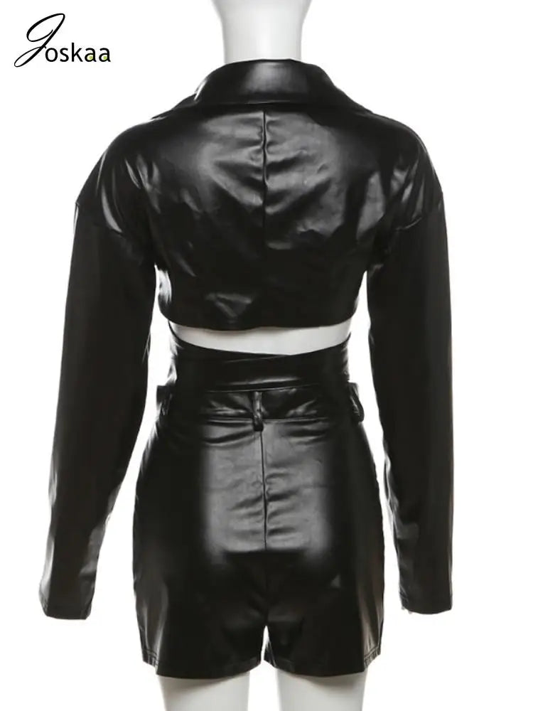 Joskaa PU Leather Black 2 Piece Set Women Hipster Sexy V-Neck Long Sleeve Crop Top and Shorts Matching Party Clubwear Streetwear