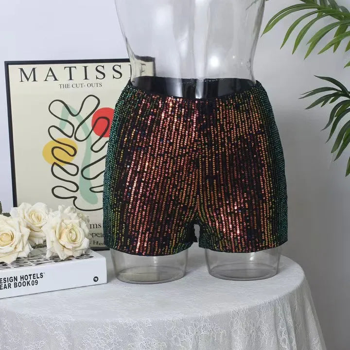 Shorts Women Summer 2025 New Fashion Sparkling Pearl Christmas New Product Leopard Print Elastic Waistband Casual Half Pants