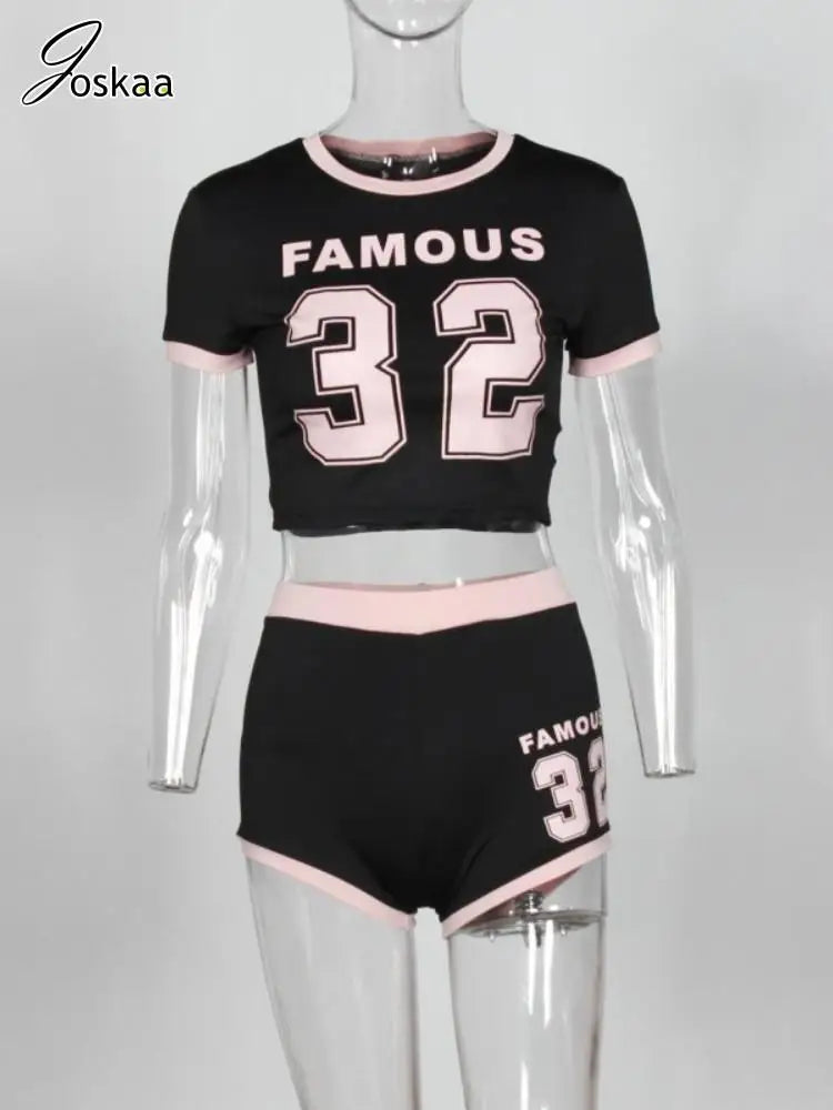Joskaa Letter Print Sporty 2 Piece Set Women Hipster O-Neck Short Sleeve Crop Tops and Shorts Matching Tracksuits Y2K Streetwear