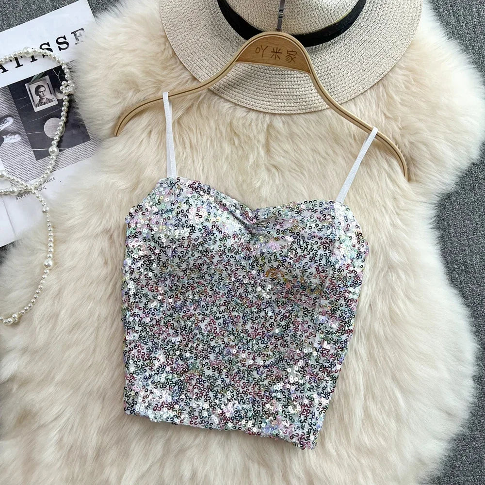 Summer Women Design Off Shoulder Tank Tops With Bra Pad Sequin Elastic Pleated Patchwork Crop Tops Backless New All-match Camis