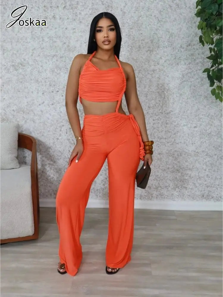 Joskaa 2025 Summer Women Sexy Cutout Halter Neck Backless Drawstrings Wide Leg Jumpsuit Beach Holiday Party Club Rompers S-XXL