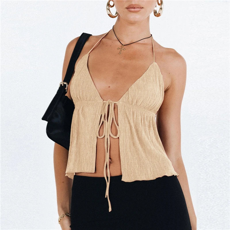 Sexy Summer Cami Top Bowknot Lace-Up Sleeveless Cropped Vest Elegant Youth Clothes Women Fashion Off Shoulder 2024 New