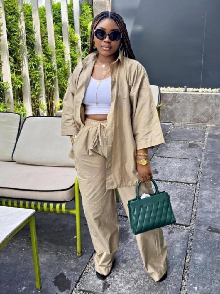 Joskaa Women's 2025 Khaki Two Piece Set Casual Lapel Short Sleeve Button-Down Shirt+Tie-Waist Pants Matching Streetwear S-XXL