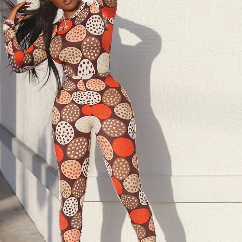 Joskaa Polka Dot Cookies Print 2020 Autumn New Colorful Two Piece Outfit Women's Long Sleeve Blouse Tight Hip Pants Suit