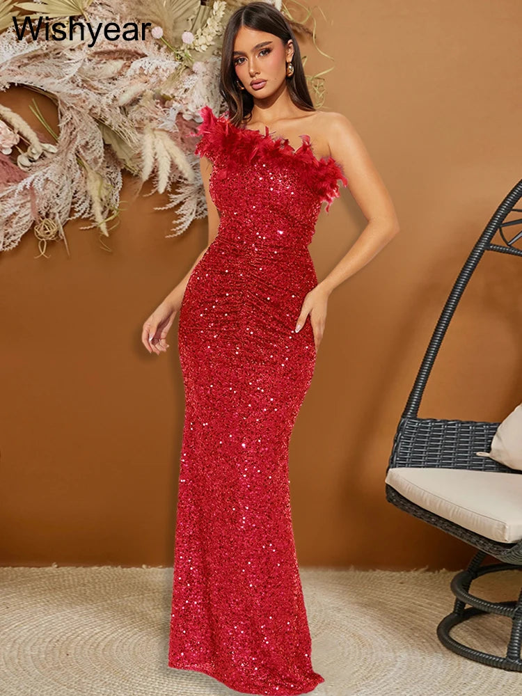 New Luxury Sequined Feather One Shoulder Sleeveless Slanted Collar Backless Purple Long Dress Women Birthday Party Event Gowns
