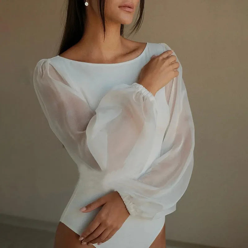 Sexy Bodysuit For Women Black White Bodycon Mesh Long Sleeve One Pieces Solid Round Neck Bodysuits Jumpsuit Tops Body Suit Y2K