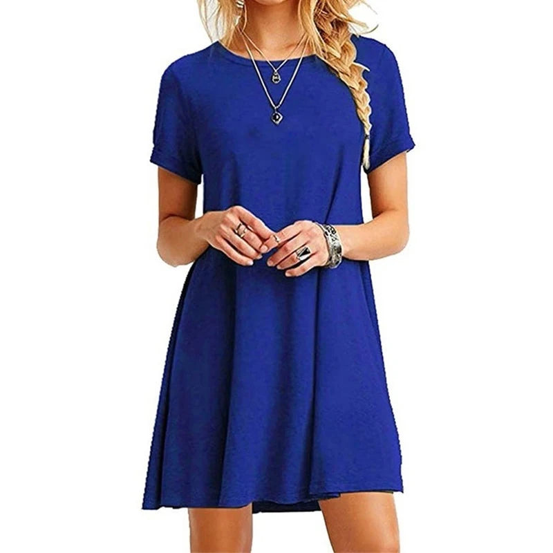 Summer Women Dresses Round Neck T Shirt Dress Slim Knee-length Short Sleeve Dress Casual Printed Skirts