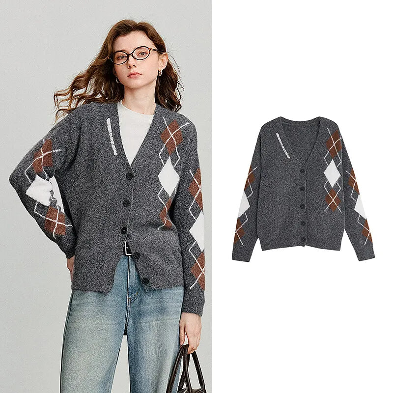 TOYOUTH Women Knitted Sweater 2025 Autumn New Grid Pattern V Neck Single Breasted Button Knitted Cardigan Coat Gray