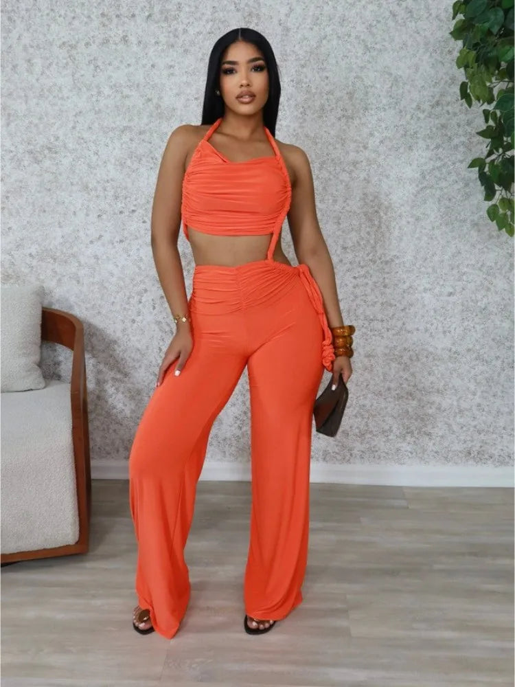 Joskaa 2025 Summer Women Sexy Cutout Halter Neck Backless Drawstrings Wide Leg Jumpsuit Beach Holiday Party Club Rompers S-XXL