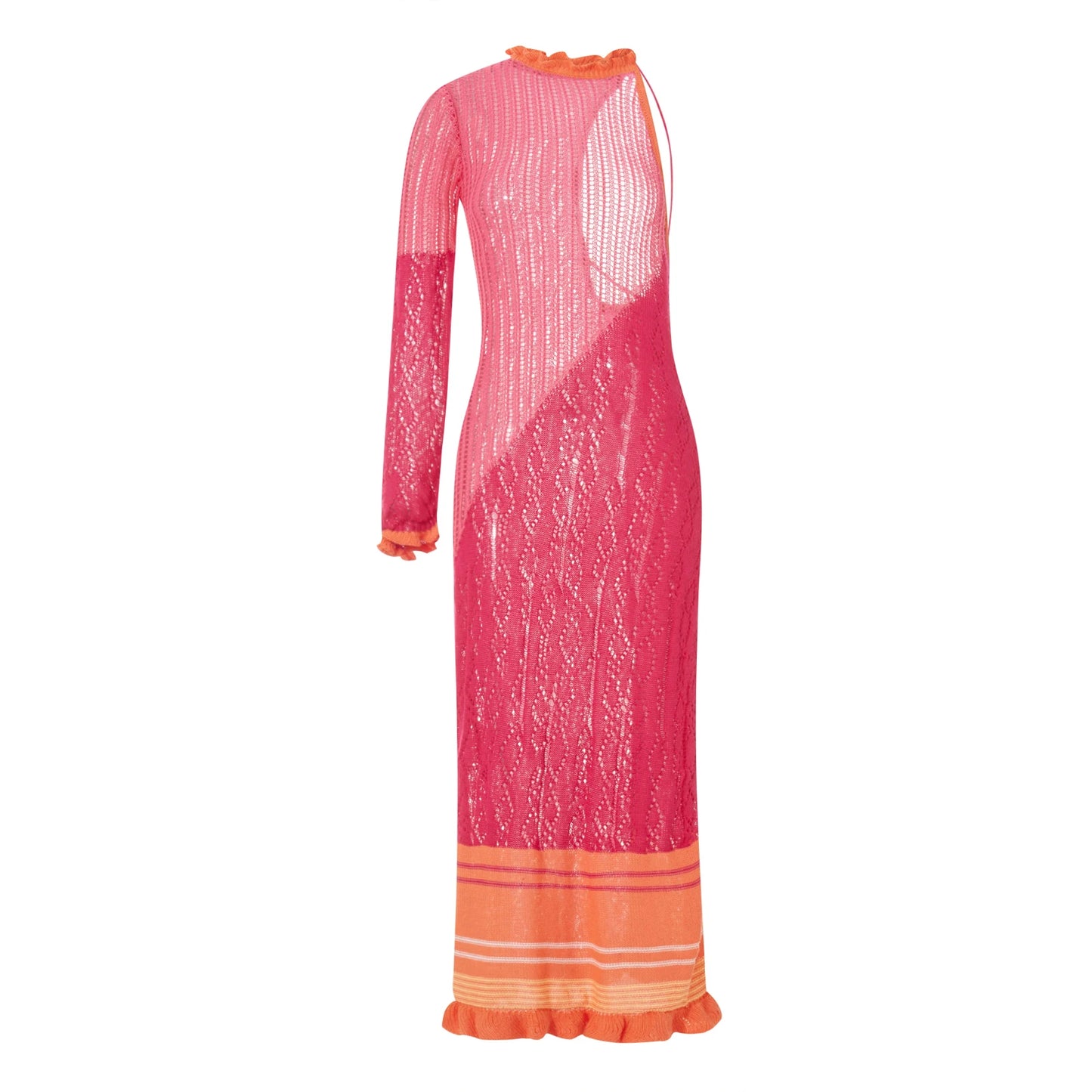 Contrast Color Hollow-Out Knit Beach Long Dress 2023 Summer See-Through One-Shoulder Long Sleeve Halter Tie-up Cover-Ups Dress