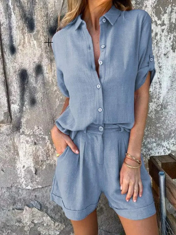 2025 Summer Women's Fashion Elegant Shorts Short Sleeve Two-Piece Set Casual Commuter Loose Button Shirt Tops And Shorts Set