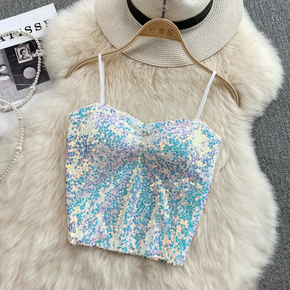 Summer Women Design Off Shoulder Tank Tops With Bra Pad Sequin Elastic Pleated Patchwork Crop Tops Backless New All-match Camis