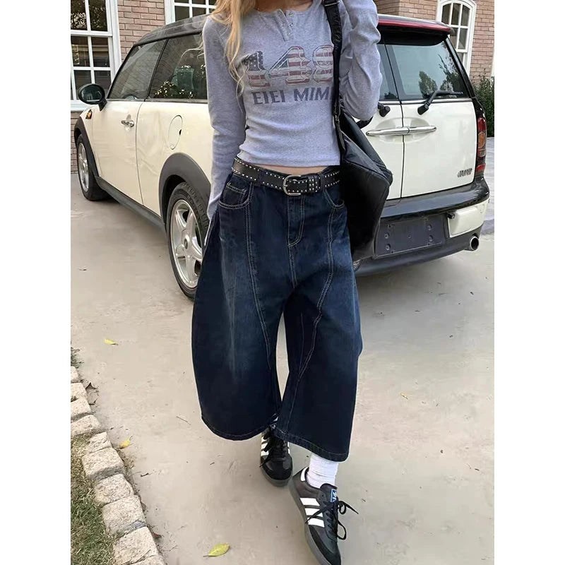Dark Blue Retro Wide Leg Loose Denim Pants Y2K 2000s Women's High Waist Baggy Jeans Summer Korean Plus Size Women Clothes