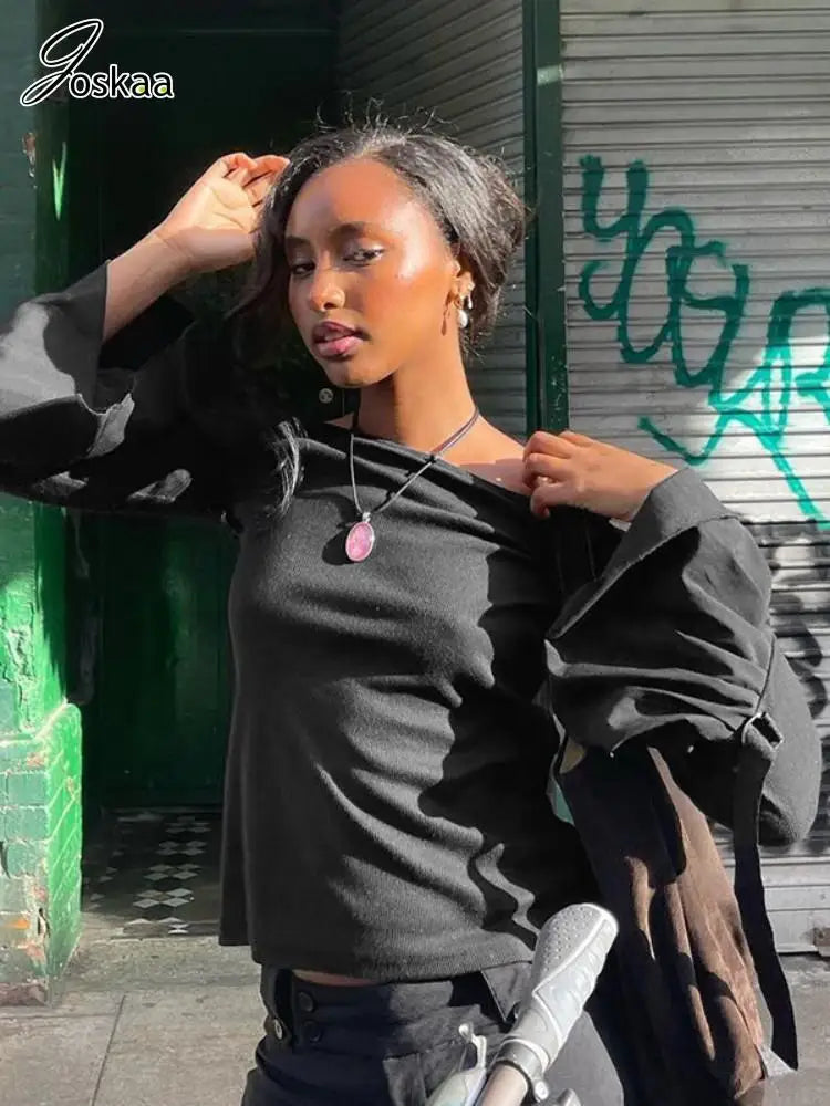 Joskaa Sexy Slash Neck Black T-Shirts Women Hipster Off Shoulder Flare Long Sleeve Tops 2025 Spring Sweet Girl Tees Streetwear