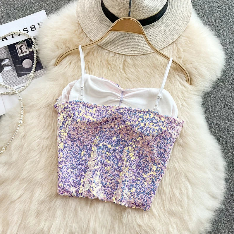 Summer Women Design Off Shoulder Tank Tops With Bra Pad Sequin Elastic Pleated Patchwork Crop Tops Backless New All-match Camis