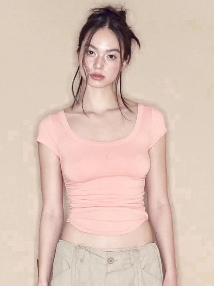 Summer Fashion New Solid Color Shirts For Women One-Piece Sexy Casual Short Women Clothing Slim Round Neck Short sleeve Y2k Top