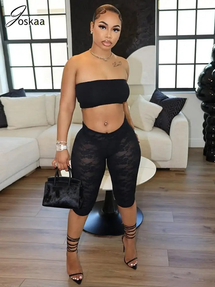 Joskaa Black 2 Piece Sets Women Hipster Sexy Tube Tops and Lace Jacquard Cropped Pants Matching 2025 Coquette Midnight Clubwear